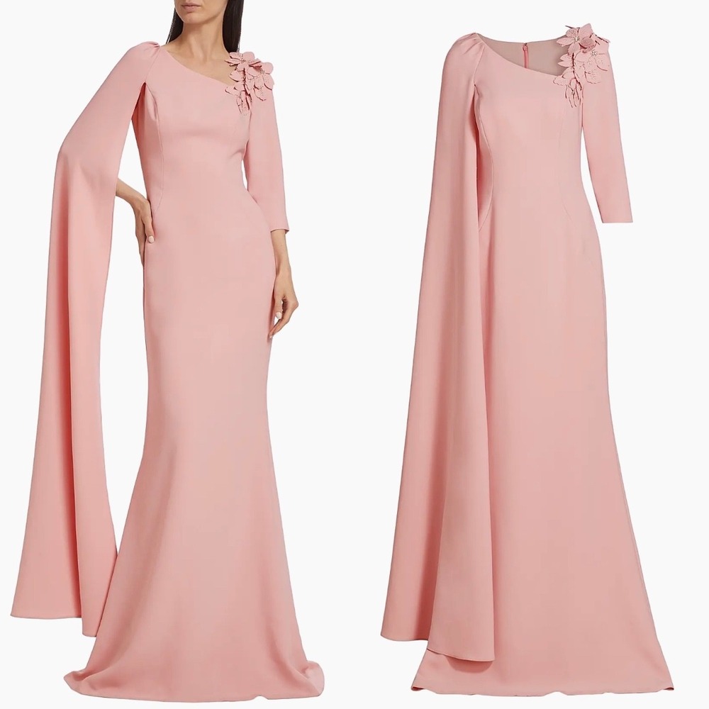 NWT Teri Jon by Rickie Freeman Floral Applique Asymmetric Cape Gown $870 Size 14